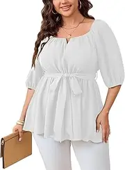 [SHESTARR] Women's Plus Size Square Neck Peplum Blouses Dressy Tops 3/4 Puff Sleeve Empire Waist Tie Ruffle Hem Babydoll Top, White, X-Large Plus