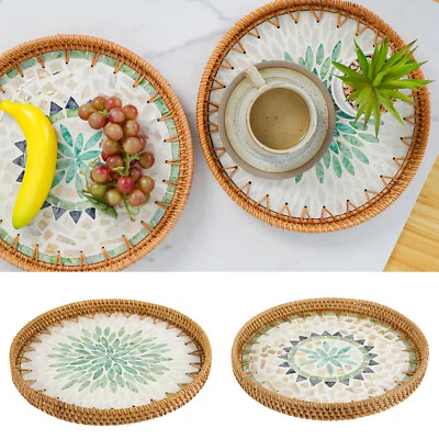 Natural Rattan Tray Bohemian Handwoven Round Serving Tray Conch Inlay xiKWV