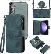 [Asuwish] Phone Case for Samsung Galaxy S23 FE 5G Zipper Wallet Magnetic Cell Cover with Tempered Glass Screen Protector Crossbody Wrist Strap Flip Credit Card Holder S 23 EF S23FE 23S Women Girls Blue