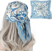 [COMNICO] Silk Like Head Scarf for Women Head Hair Scarf Neck Scarfs Large Square Bandana for Hair Wrapping and Sleeping at Night (27.5 Inch), Blue and White, 27.5 × 27.5 inches
