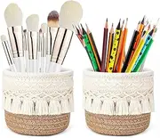 YANJINGHE Pack of 2 Makeup Brush Holders, Braided Mini Basket, 10 x 10 cm - Organiser, Cosmetic Organiser, Boho Style Storage Box for Cosmetic Brushes, Pens, Pencils and Accessories (White + Khaki)