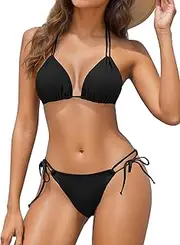 [Vemubapis] Women Triangle Bikini Set Double Straps Tie-Side String Bathing Suits Cheeky Swimsuit