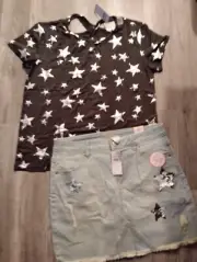 NWT JUSTICE GIRLS Outfit Foil Stars Top 14/16 - Flip Sequin Skort Size 16 (D)