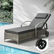 Livsip Sun Lounge Removable Wheeled Outdoor Furniture Wicker Day Bed Rattan Chair Grey