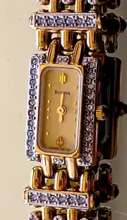 BULOVA Women's Quartz Gold Rectangular Watch Genuine Austrian Crystal 98T13