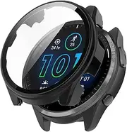 LOKEKE Compatible with Garmin Forerunner 965 Full Coverage PC Protective Case Cover Tempered Glass Screen Protector(PC Black)