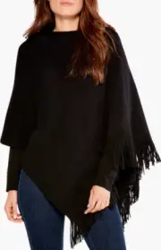 NIC+ZOE L64610 Womens Black Onyx Go To Fringe Trim Poncho One Size