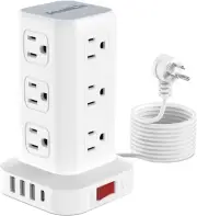 Power Strip Tower Surge Protector with USB 12 Outlets 4 Ports (1 C), Flat Plug 1