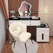 Vanity Desk with 3-Color Lighted Mirror, Makeup Vanity Table Set with Wireless Charging Station/Bluetooth Speaker/Glass Table Top/Chair with Backrest