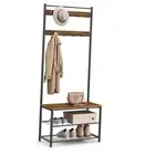 Coat Rack, Hall Tree with Shoe Storage Bench, 27.6"W Rustic Brown + Black
