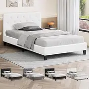 ALFORDSON Bed Frame Base King Single Size, Bed Platform Foundation with PU Leather Upholstered Tufted Headboard for Mattress Topper, Madelyn White