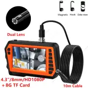 4.3" Dual Lens Endoscope 8mm Borescope Inspection Camera 10m Cable + 8G TF Cards