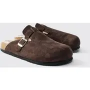 Mens Faux Suede Sherpa Lined Mule In Brown