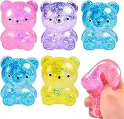 Glitter Bear Squeeze Toy, 5 Pack T-aba Squishy Bear Fidget Toys, Slow Rebound Silicone Stress Ball Animal Pinch Toy, Washable Stretchy Sensory Toys, Sequin Filled Gummy Bears, for Stress Relief