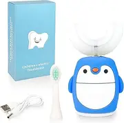 Kids Sonic Electric Toothbrush U Shaped Automatic Timer IPX7 Waterproof 5 Modes 360° Oral Cleaning Teeth Whitening Gums Massage Replaceable Soft Cartoon for 2-7 (Blue Penguin)