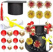 Gyufise 42Pcs 2025 Graduation Cake Kit Diploma Grad Cap Cake Pick Balloon Tassel Firework Cupcake Toppers Prom 2025 Cake Decorations for Class of 2025 Congrats Grad Party Supplies Red Gold