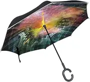 Double Layer Inverted Umbrella Cars Reverse Umbrella Abstract Clock Time Windproof UV Proof Travel Outdoor Umbrella