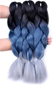 Jumbo Braiding Hair 3pcs (Black/ Grey Blue/Silver Grey) Jumbo Braid Hair Extension Ombre Colors For Crochet Braids Hair