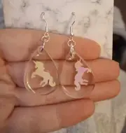 *Handmade Resin Earrings* Clear Teardrops With Metallic Unicorn, Silver Hooks