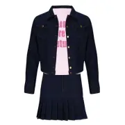 Mens Kevin Cosplay Costume 3Pcs Denim Jacket Skirt T-Shirt Black Detective Ou...