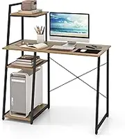 Giantex Home Office Desk, Computer Desk with Bookshelf, Host Stand, Metal Frame, Study Writing Desk, PC Laptop Workstation for Small Space (Natural & Black)