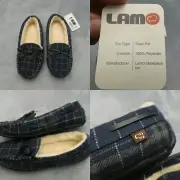 LAMO Moccasin Slippers Womens 9 Blue Plaid Cozy Faux Fur Mules Comfort NEW
