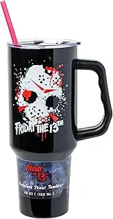 Silver Buffalo Friday The 13th Stainless Steel Tumbler with Handle Featuring Jason Voorhees’s Splatter Mask, Fits in Standard Cup Holder, 40 Ounces
