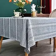 NEWISHER Rustic Farmhouse Embroidered Square Tablecloth Jacquard Striped Table Cloth Linen Washable Dining Table Cover Kitchen Dining Home Decoration Blue and Grey 52x52 inch