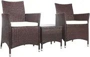 [Gardeon] 3pcs Wicker Patio Furniture, Bistro Set Table and Chairs Outdoor Lounge Setting Conversation Sets Dining Chair Garden Backyard, Cushion with Rattan Coffee Table Glass Tabletop Black