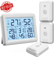 Digital Thermometer Hygrometer Indoor Outdoor with 3 Wireless Sensors White