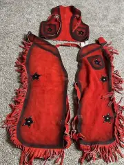 New! Rockmount Ranch Wear Tru-West Kids Chaps & Vest Medium Red Leather Fringed
