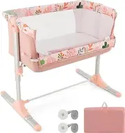 BABY JOY Folding Baby Bassinet Bedside Sleeper, Portable Co-Sleeper Travel Cot for Newborn/Infant w/4 Adjustable Heights, Retractable Feet, Soft Mattress & Carry Bag, Bedside Baby Bed Crib, Pink