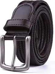 [Fabio Valenti] Elastic Fabric Woven Stretch Braided Belts with Leather Tip Prong Buckle, Multi-colored, 1.3inch Width Strap