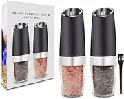 Gravity Electric Salt and Pepper Grinder, Automatic Operation Pepper and Salt Mill with Adjustable Ceramic Rotor Battery Powered Matte Salt and Pepper Grinder Mill Set with Blue LED Light Black,2 Pack