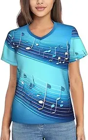 [KPXXAQT] Sky Blue Musical Notes Print Everyday Casual Blouse for Ladies Classic V Neck T Shirt Soft for All Body Types