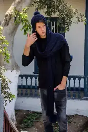 One Piece Long Baby Alpaca Blend Hooded Hat Scarf Women and Men - Navy Blue
