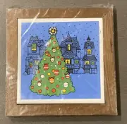 Vintage 80s Retro Ceramic Tile Trivet Coaster Christmas Tree Village NIP Jasco