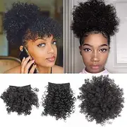 (3 Piece Set, 1B) - Allyreetress Afro Puff Drawstring Ponytail with Bangs Pineapple Updo Hair for Black Women,Short Kinky Curly Ponytail Bun with 2 Replaceable Bangs( 1B-Black)