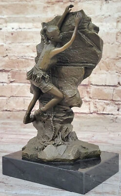 Signed Art Deco Bronze: M. Nick`s Extreme Sport Girl Rock Climbing Statue Deal