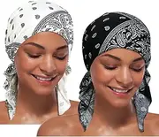 [Dumrotite] 2 Pcs Breathable Cotton Chemo Headwear for Women, Stretch Pre-Tied Chemo Head Scarves for Cancer