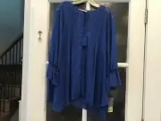 Valerie Stevens poet style pleated & tie front blouse; galaxy blue; Large; NWT
