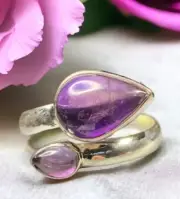 Solid Sterling Silver 925 size 9 Genuine Amethyst 2 Stone New With Tag