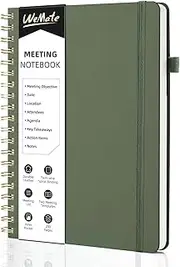 WEMATE Simplified Meeting Notebook for Work with Action Items 200 Pages, Office Supplies for Note Taking, Keep Agenda Organized, PU Leather Meeting Notes Notebook for Work (10" × 7") - Olive Green