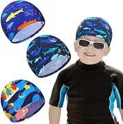 Geyoga Kids Swim Caps 3 Pieces Bathing Swimming Hats Unisex Polyester Bathing Cap Pool Cap Summer Swimming Caps for Boys Girls Long Short Hair