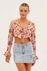 Print Print Chiffon Top Long Sleeve V Neck Frill - Size 8, Women's Bolero
