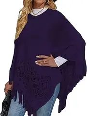 [Mywinway] Womens Knitted Sweater Ponchos Casual Lightweight Solid Fringe Shawl Pullover