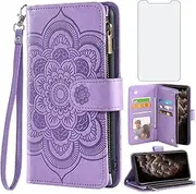 Asuwish Compatible with iPhone 11 Pro Max 6.5 Wallet Case and Tempered Glass Screen Protector Flower Leather Flip Card Holder Stand Cell Phone Cover for iPhone11 11pro Promax i XI Plus Women Purple