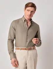 Hawes & Curtis Khaki Pure Linen Slim Shirt | Button Down Collar Size: Medium