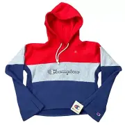 NEW Champion Womens Sz Medium Cropped Pullover Hoodie Sweatshirt Red Gray Blue