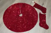 NWT Sparkling Sequin Red Full Size Christmas Tree Skirt & Stocking Set